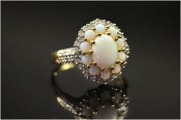 9ct Gold Diamond Dress Ring, Set With A Central Opal Surrounded By Further Opal Between Diamond