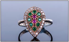 Ladies Emerald, Ruby & Topaz Dress Ring, Unmarked, Tests Silver, Ring Size P