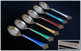 Norwegian Silver Gilt and Enamel Set of Six Teaspoons. Marked 925 - Sterling. Slight Enamel Damage