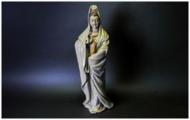Chinese Glazed Stoneware Figure of Quan Yin Goddess of Mercy Standing Hold a Vase. Height 18 Inches.