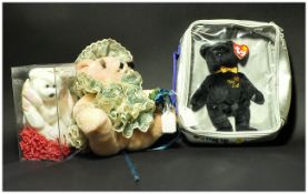 First and Last Beanie Babies, white and black teddy bears with a Miss Piggy Doll.