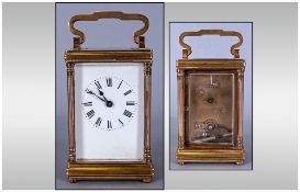 English Key Wind 1920's Brass Carriage Clock With 8 Day Visible Escapement, white dial, black
