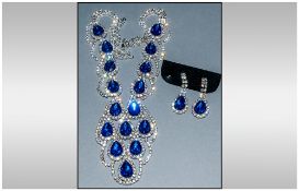 Royal Blue and White Crystal Statement Necklace and Earrings Set, eight blue pear drops looped