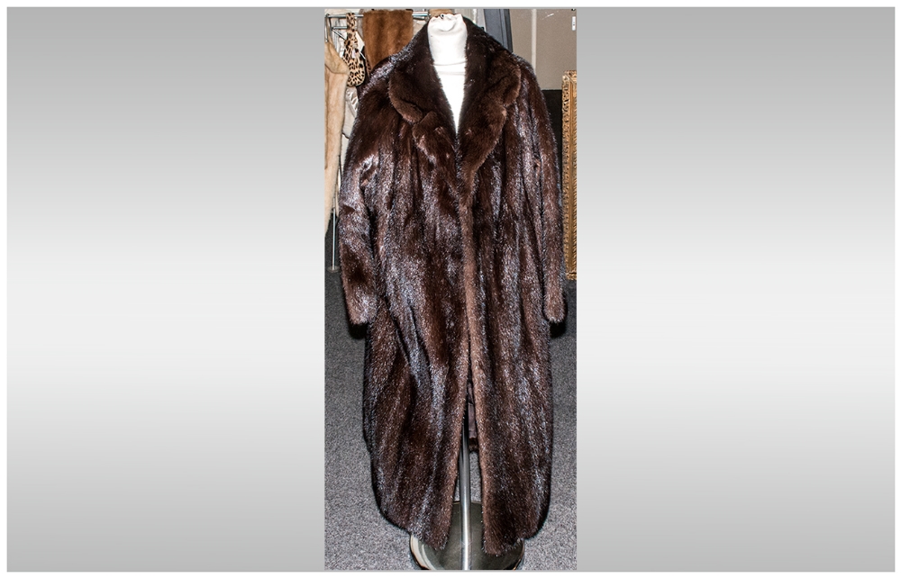 Male Dark Ranch Mink Three Quarter Length Coat, fully lined. Collar with revers. hook & loop