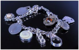 Heavy Silver Charm Bracelet Stamped 925 With 10 Charms