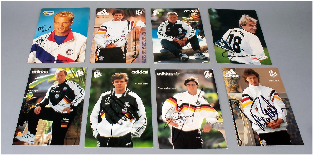 8 Signed Euro 96 Postcards To include Dennis Bergkamp, Marcus Babble, Thomas Strunz, Berti Vogts,