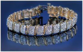 10ct Gold Diamond Set Bracelet Each Link Set With A Cluster Of Round Brilliant Cut Diamonds, Stamped