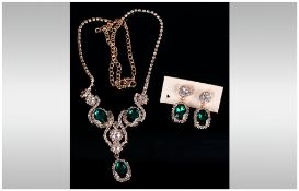 Emerald Green and White Crystal Necklace and Earrings Set, three oval faceted emerald green crystals