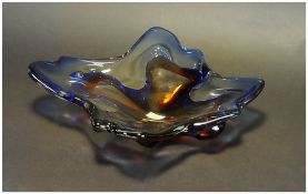 Murano Clear Blue & Red Bowl, Unusual Shape. 11'' in diameter. Lovely condition.