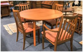 Teak Round Drop Leaf Table On Half Round Square Legs with a set of four teak chair (2 armchairs, 2