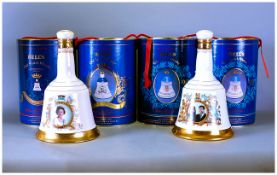 *****withdrawn******Set Of Six Bells Whisky Decanters, 4 boxed. Dates 1990, 1990, 1988, 1990, 1986 &