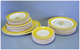 Susie Cooper Hand Painted 35 Piece Dinner Service. ' Yellow Daisy ' Comprises 8 Large Dinner Plates,
