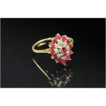 9ct Gold Diamond Dress Ring, Set With A Cluster Of Rubies & Diamond Chips, Fully Hallmarked, Ring