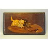 Circle Of Bessie Bamber (flc 1900-1910) Two Tabby Cats Playing With A Rope & Ball oil on mahogany