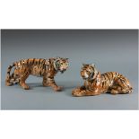 Sitzendorf Handpainted Pair Of Tiger Figures, mid 20th Century. 4.5x9.5'' & 4x8''