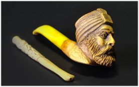 Carved Meerschaum Pipe, Bowl In The Form Of A Bearded Arab Together With A Bone Cheroot Holder