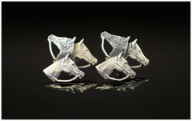 Equestrian Interest Pair Of Silver Stud Earrings Both Fronts In The Form Of 3 Horses Heads, Complete