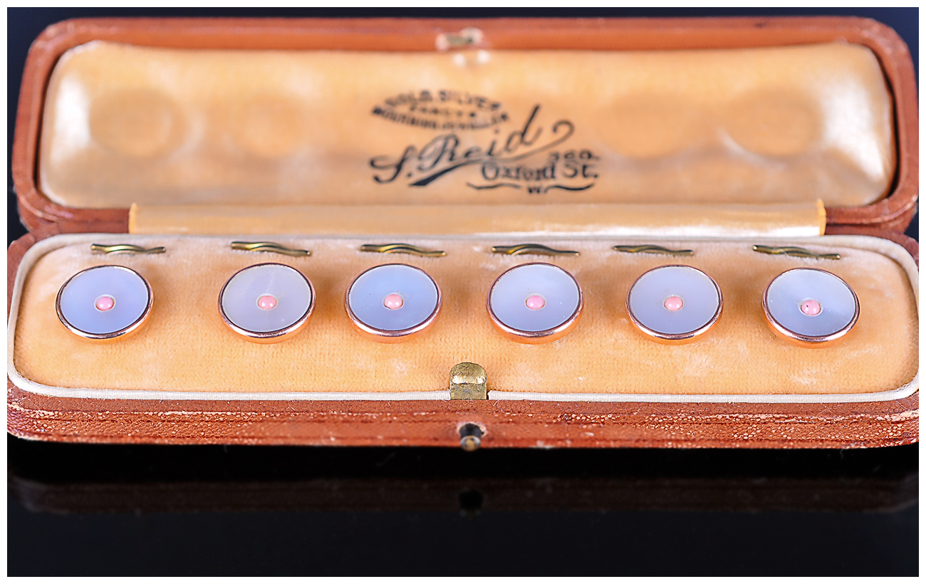 Set Of Six Dress Studs, Mother Of Pearl Fronts, Each Set With A Small Coral Cabochon, Complete