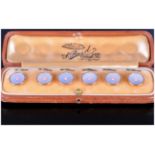 Set Of Six Dress Studs, Mother Of Pearl Fronts, Each Set With A Small Coral Cabochon, Complete