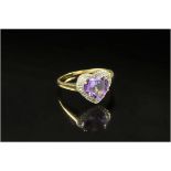 9ct Gold Diamond Dress Ring, Set With A Central Heart Shaped Amethyst Surrounded By Diamond Chips,