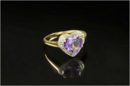 9ct Gold Diamond Dress Ring, Set With A Central Heart Shaped Amethyst Surrounded By Diamond Chips,