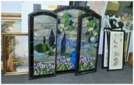 Tiffany Style 3 Panel Leaded Glass Fire Screen, Decorated In Coloured Glass Floral Landscapes,