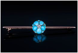Victorian Fine High Ct Gold Turquoise & Diamond Bar Brooch, the central diamond surrounded by 5