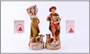 Royal Dux Pair Of Figures ''Shepherd'' And ''Water Carrier'' Circa 1900. Pink triangle to base.