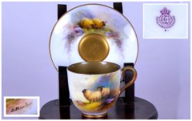 Royal Worcester Hand Painted Matched Pair of Cabinet Miniature Cup and Saucers. ' Highland '