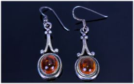 Pair Of Silver Drop Earrings, Each Set With A Single Amber, Complete With Fitted Box