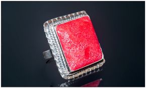 Red Coral Hand Made Ring, a square cushion cut, 12.5ct red coral stone set in a fully hand