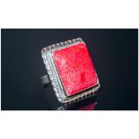 Red Coral Hand Made Ring, a square cushion cut, 12.5ct red coral stone set in a fully hand