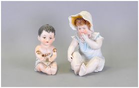 French - Hand Painted Early 20th Century Baby Bisque Doll Figures ( 2 ) In Total. Height 6.25