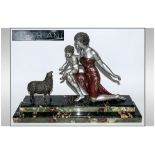 Art Deco Cold Painted Spelter Figural Centre Piece raised on a stepped marble base & signed For