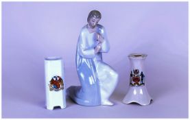 Lladro Figure, shepherd/Holy Man on bended knee. Together with two pieces of Crested Ware.