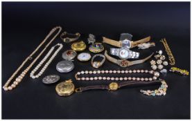 Mixed Lot To Include Wristwatches, Pocket Watches, Lighter, Brooches, Beads, Earrings Etc.