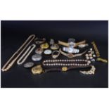 Mixed Lot To Include Wristwatches, Pocket Watches, Lighter, Brooches, Beads, Earrings Etc.