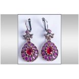 Ladies Ruby & Topaz Silver Drop Earrings, Stamped 925