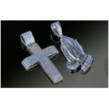 Two Heavy Silver Pendants, One Gemset Cross 80x45mm And One Gemset Hands In Prayer 75x30mm, Both