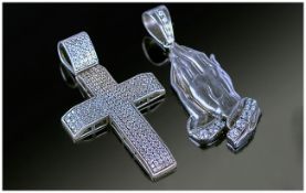 Two Heavy Silver Pendants, One Gemset Cross 80x45mm And One Gemset Hands In Prayer 75x30mm, Both