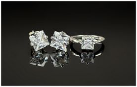 Silver Ring And Stud Earring Set, CZ Stone Set, Complete With Fitted Box
