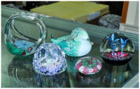 Five Glass Items comprising of a Selkirk Duck Glass Paperweight, Caithness floral weight, faceted