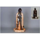 Enamelled and Patinated Knight Fireside Companion, comprising brush, coal tongs and shovel to the