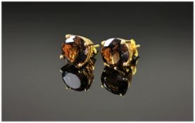 Pair of Smoky Quartz Stud Earrings, large, round cut, rich chocolate smoky quartz, set in 14ct