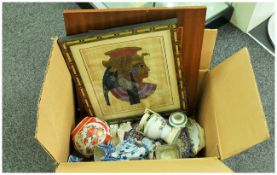 Box of Assorted Collectables including Oriental figures and vases, decorated plaque, Nortitake,