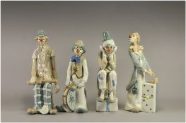 Lladro Style Set of 4 Clown Figures by Casades. Heights 10.5, 10.25, 10.75 & 9.5 Inches. All Figures