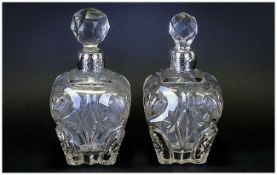 Victorian Pair of Silver Banded Cut Glass Perfume Bottles, with Star Bases. Each Stands 6 Inches