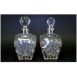 Victorian Pair of Silver Banded Cut Glass Perfume Bottles, with Star Bases. Each Stands 6 Inches