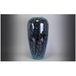 Large Ovoid Saxe Blue Cased Glass Vase, the mottled and streaked saxe blue overlaid on a purple