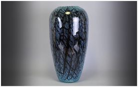 Large Ovoid Saxe Blue Cased Glass Vase, the mottled and streaked saxe blue overlaid on a purple